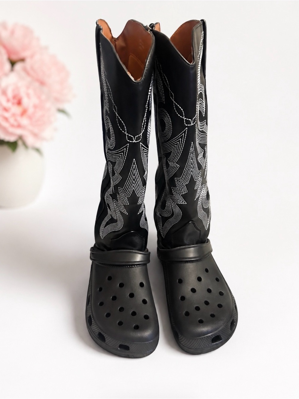 Versatile Black Western-Style Knee -high Boots with White Stitching